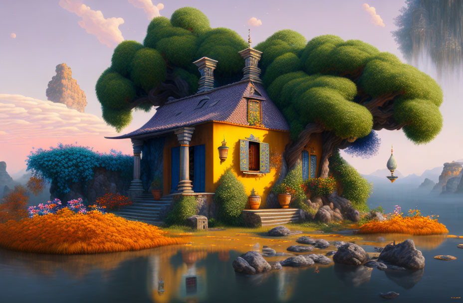 Colorful Fantasy Cottage Surrounded by Nature and Reflective Water at Sunset