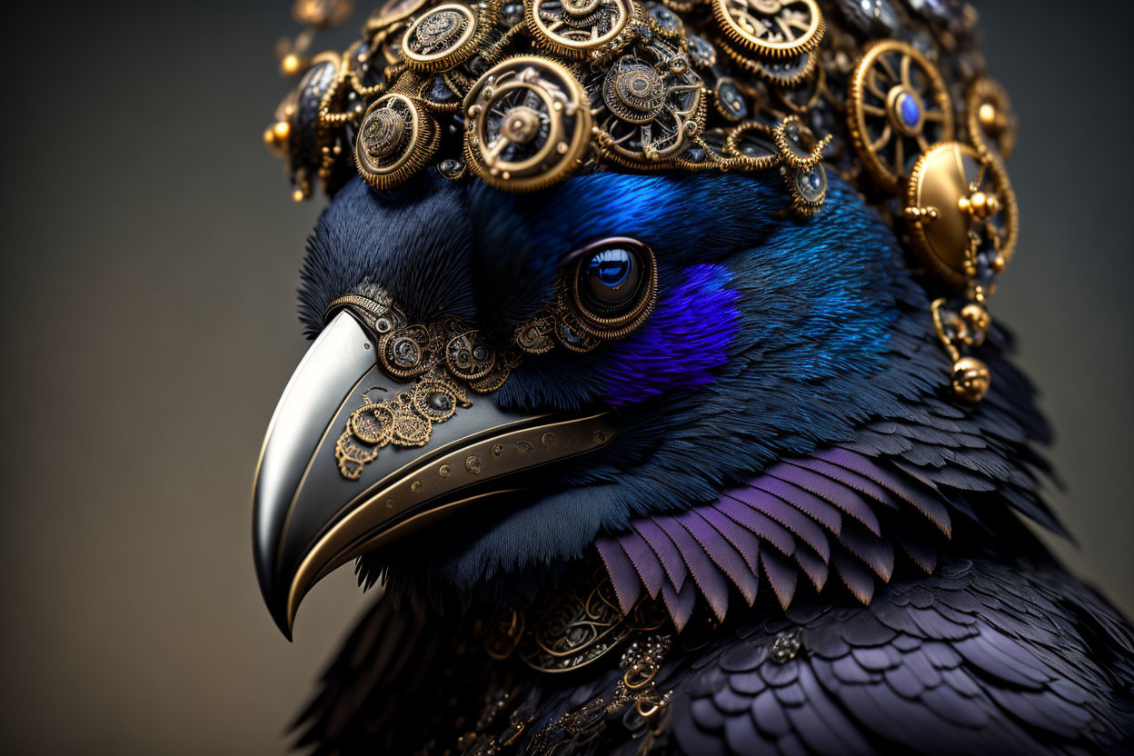 Steampunk-style bird with metallic head adornments and glossy plumage