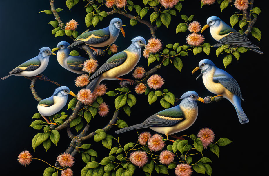 Stylized blue-and-yellow birds among orange flowers on dark background