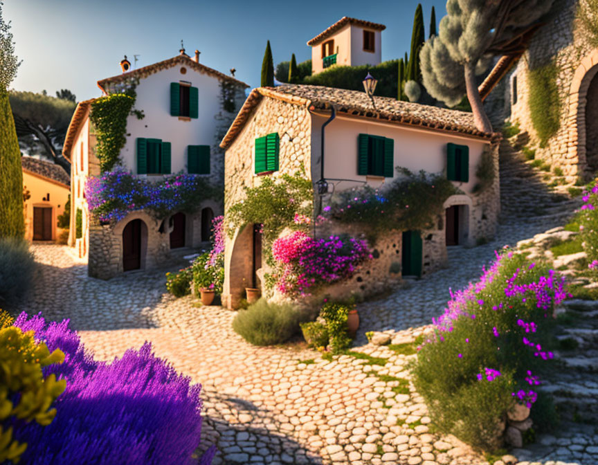 European village: Stone houses, colorful flowers, cobblestone paths