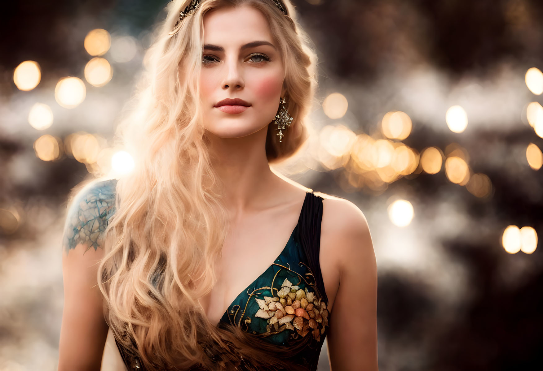 Blonde Woman in Dark Dress with Gold Accents and Headpiece on Bokeh Light Background