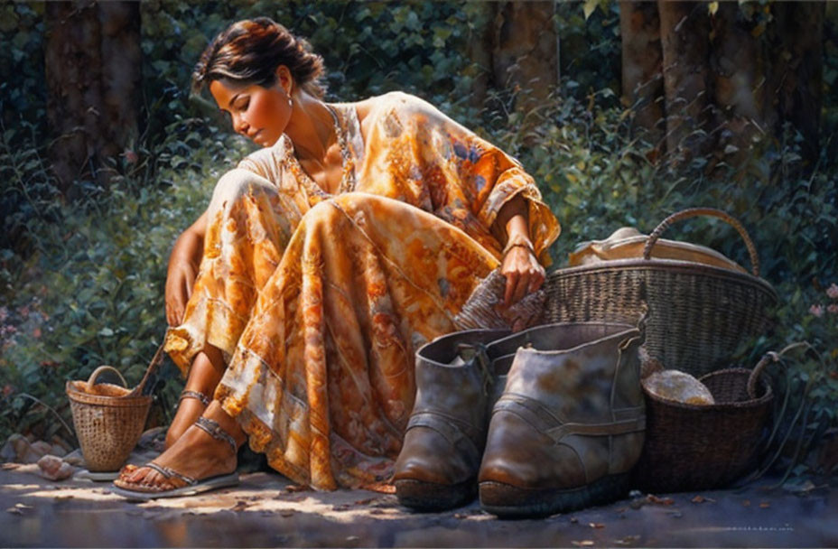 Woman in flowy dress with grains basket and boots against lush greenery