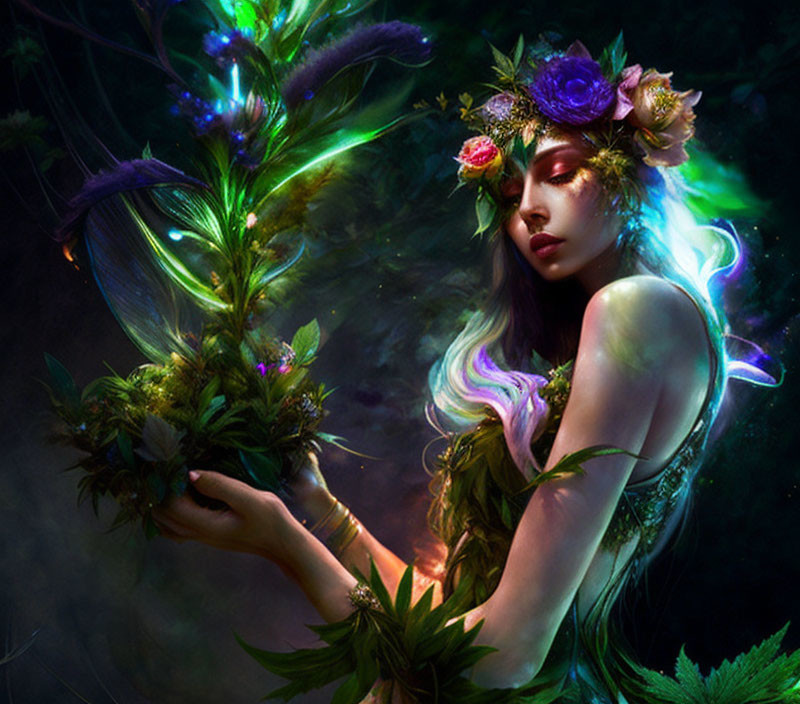 Mystical woman with floral crown holding luminous plant in enchanted forest setting