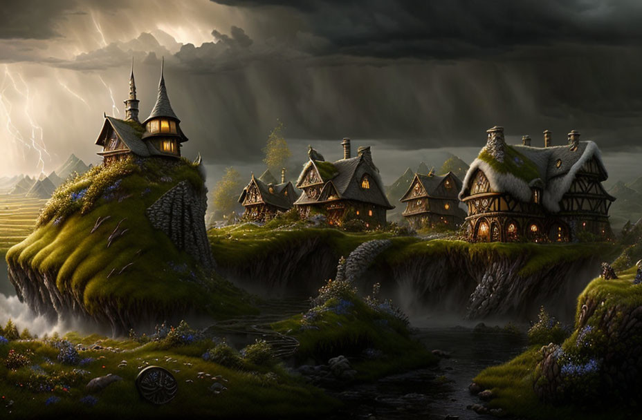 Fantasy village with illuminated thatched-roof houses on cliff above river under stormy sky