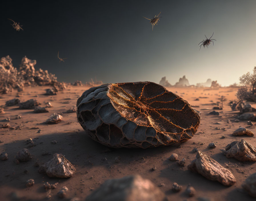 Cracked seed pod in barren desert with flying creatures