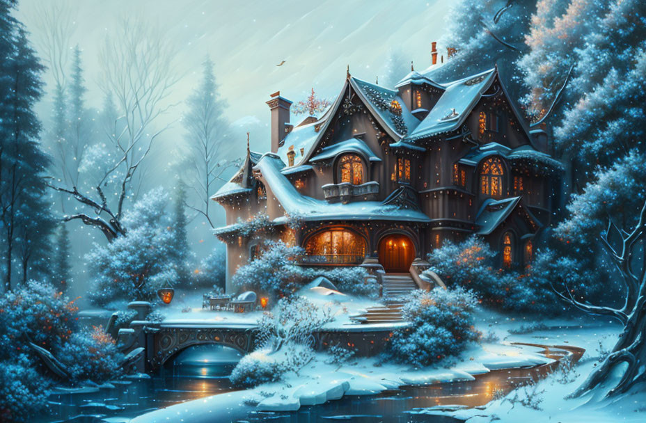 Snow-covered winter scene: grand house, river, trees at dusk