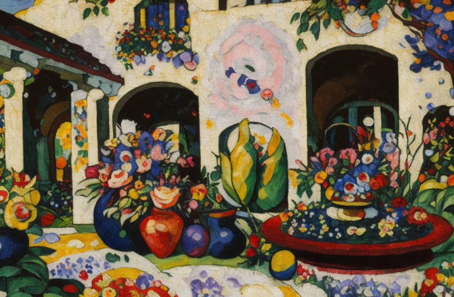 Colorful impressionistic painting of flowers, vases, and fountain against mosaic arches