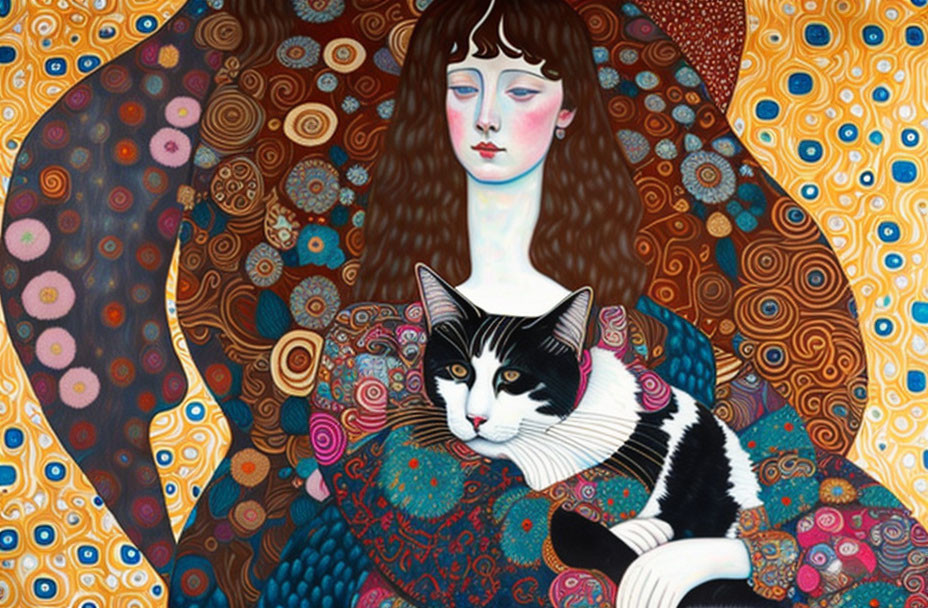 Stylized painting of woman with cat against colorful background