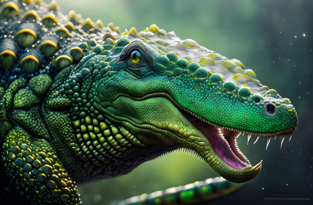 Detailed digital artwork of green iguana scales and textures against blurred background