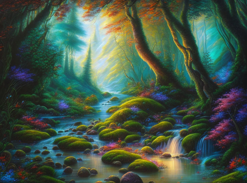 Lush forest scene with stream, mossy rocks, purple flowers, autumn trees under sunlight