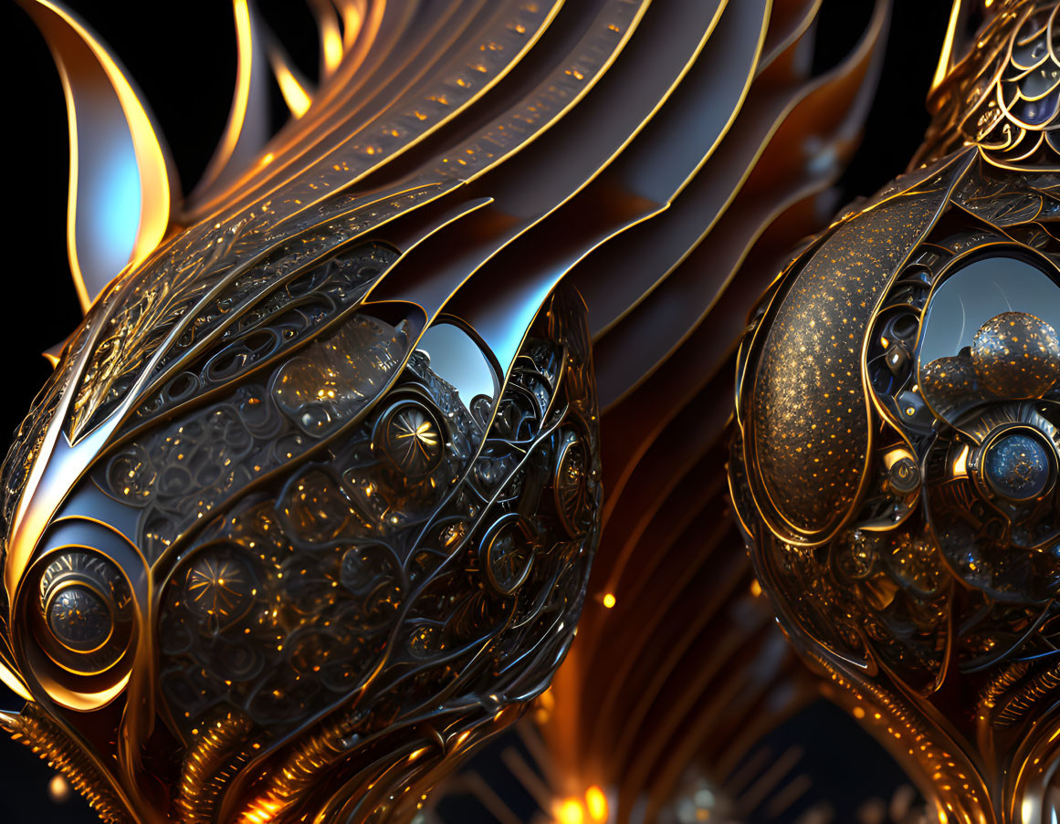 Golden fractal art of ornate fish-like shapes on dark background