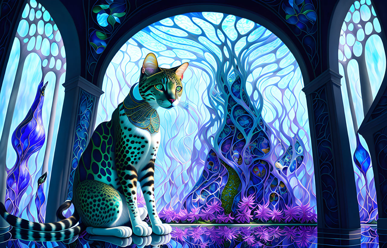 Stylized cat in colorful fantasy interior with tree and stained-glass window motifs