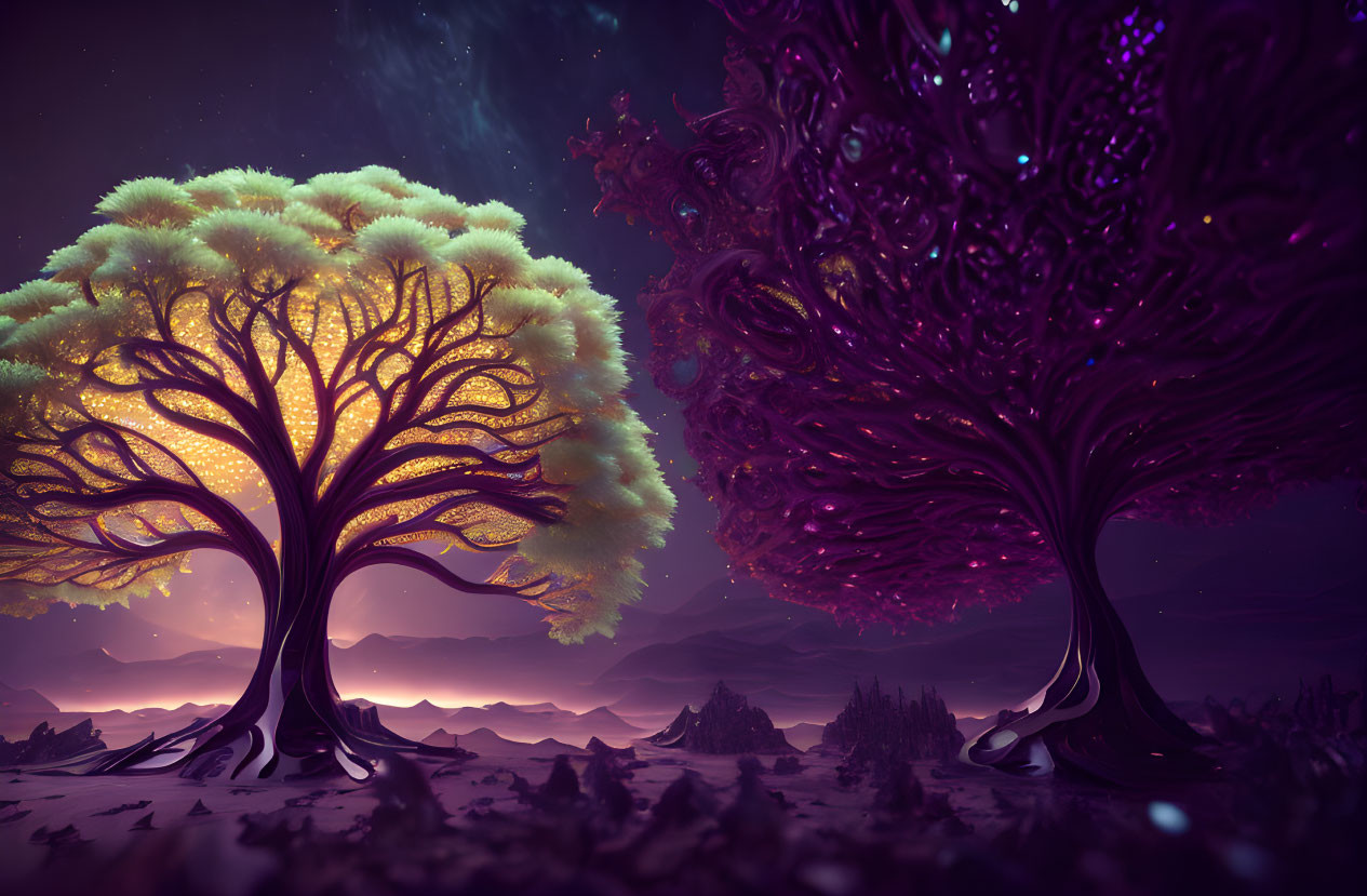 Vibrant surreal landscape with fantastical glowing trees