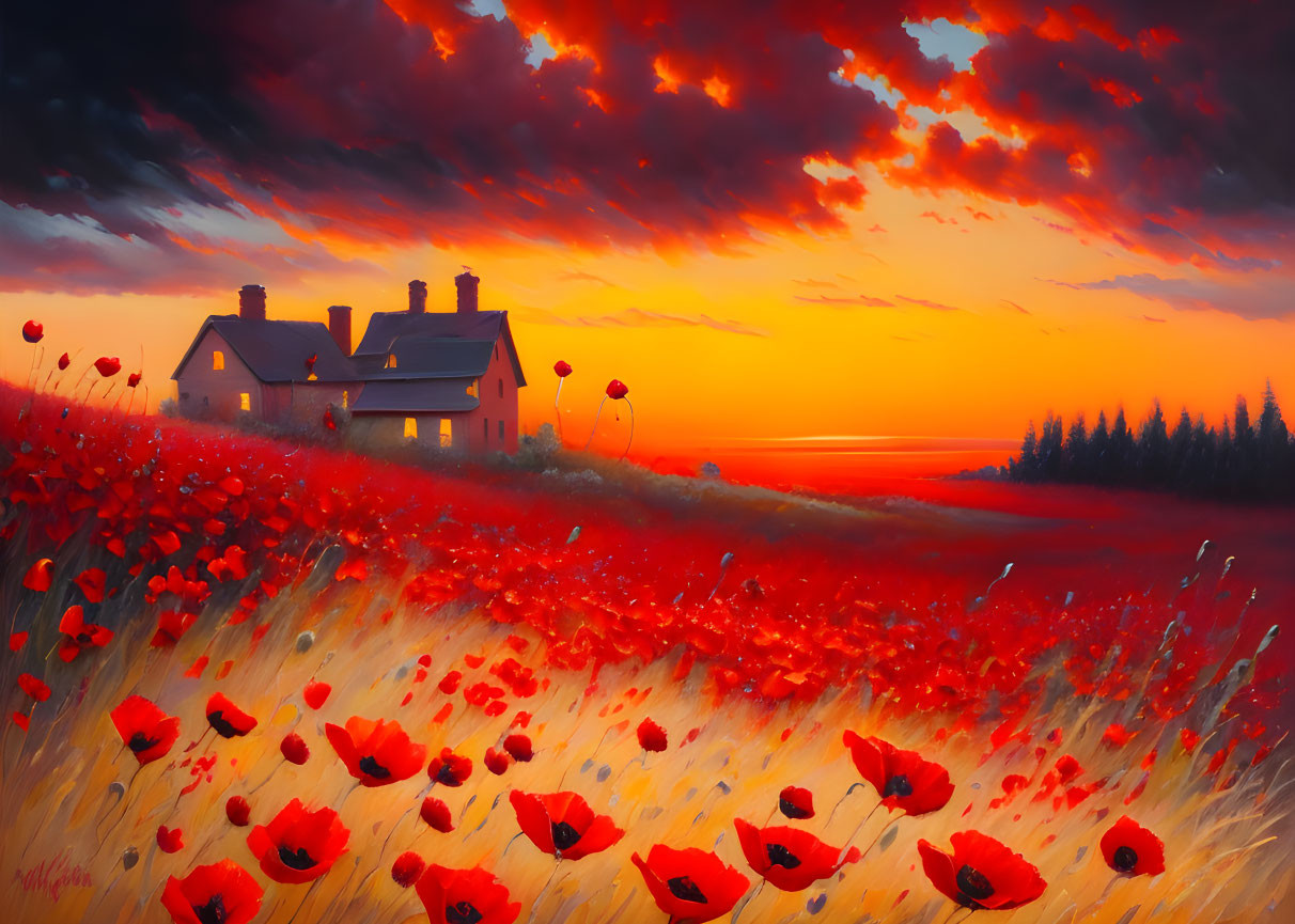 Scenic landscape: cottage in red poppy field at sunset