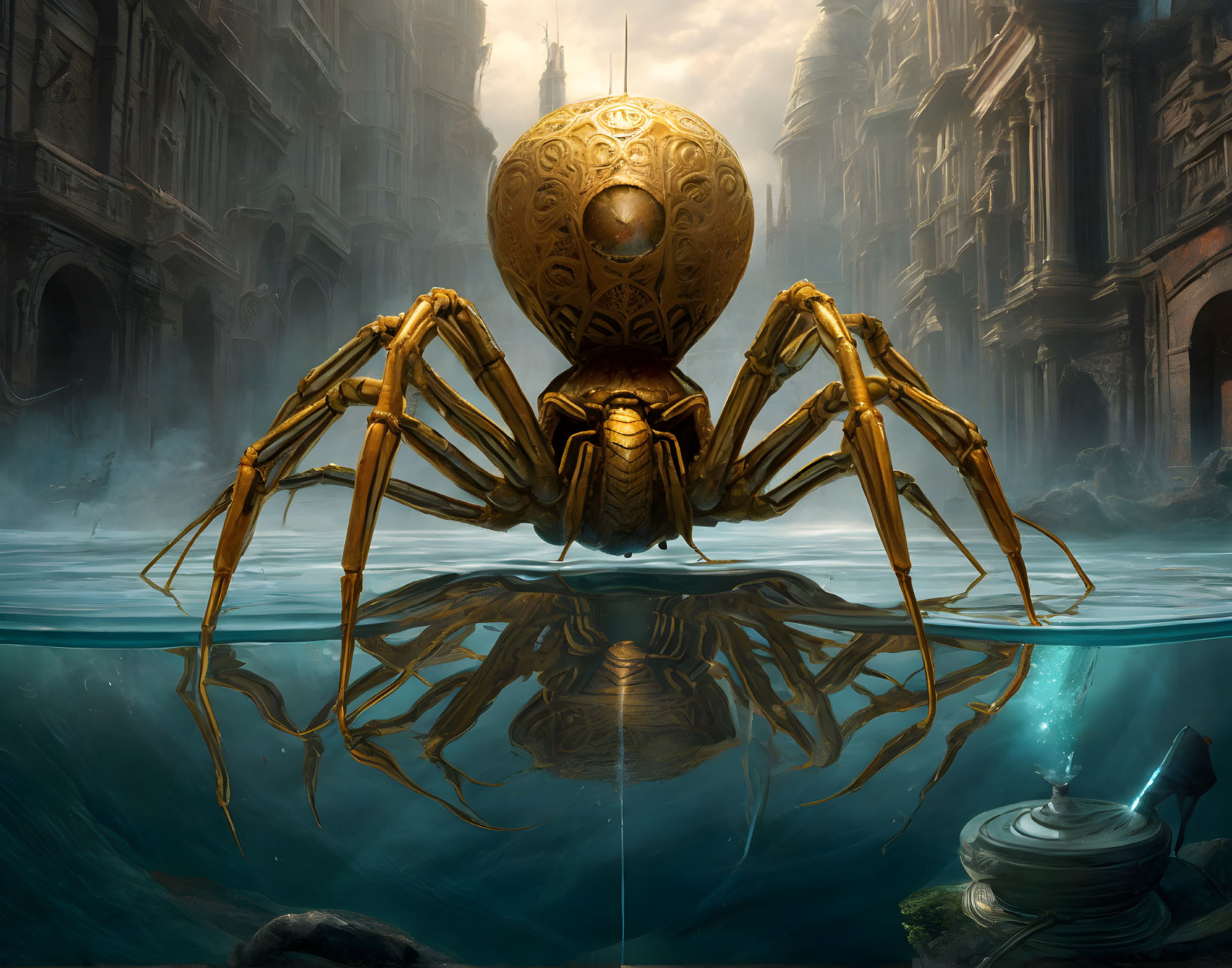 Giant ornate mechanical spider in flooded cityscape.