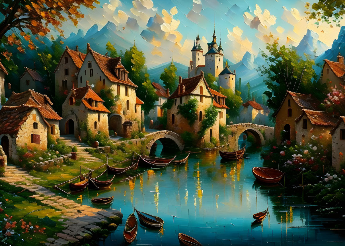 Rustic village with stone bridge, river, boats, and castle in warm light