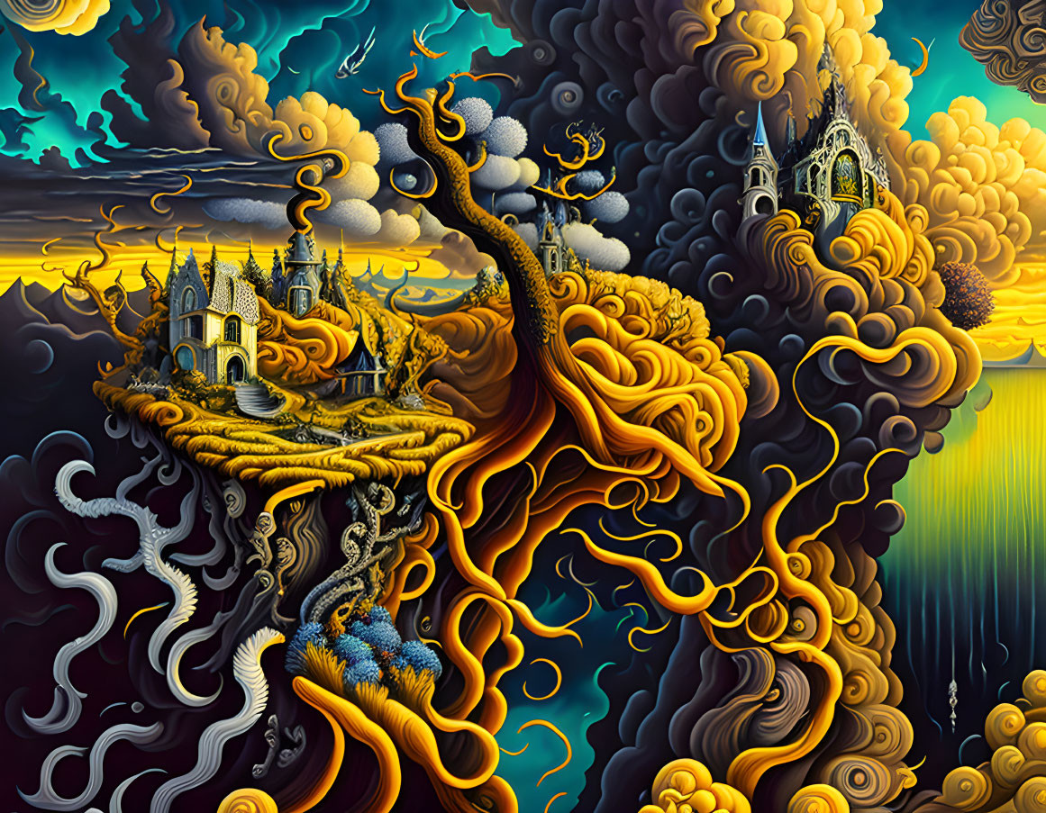 Fantasy landscape with golden tree, Gothic castles, surreal clouds, and cascading waterfall.