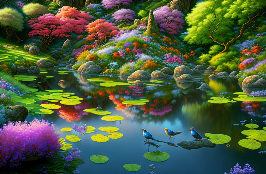 Colorful Flower Garden Reflecting in Pond with Birds and Lily Pads