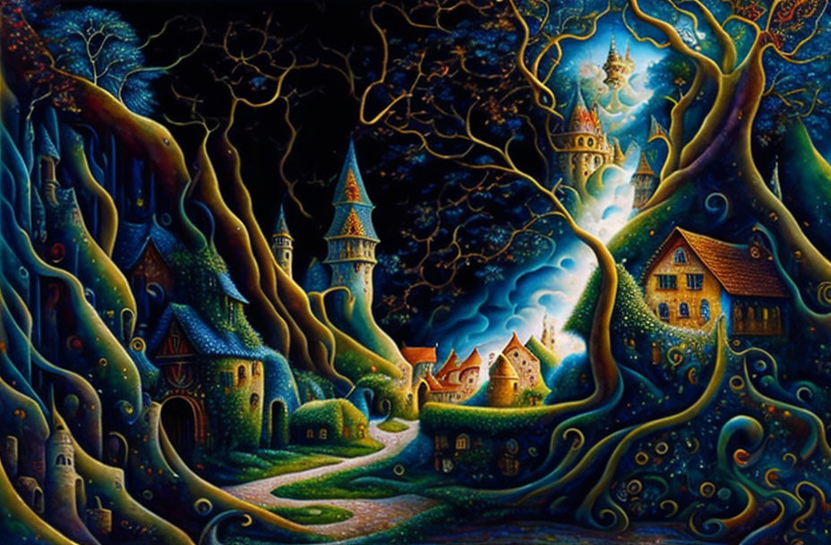 Vibrant magical village nestled among twisted trees at night