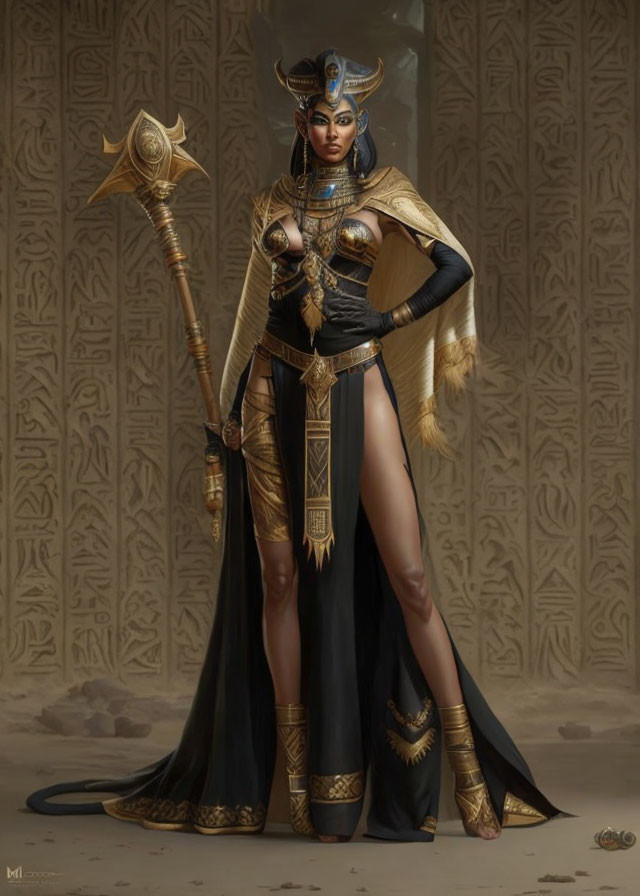 Ancient Egyptian-inspired figure in regal attire with staff and gold jewelry against hieroglyphic pillars