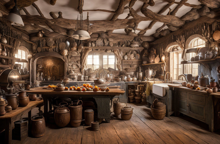 Rustic kitchen with wooden beams, antique utensils, copper pots, and fruit on wooden table