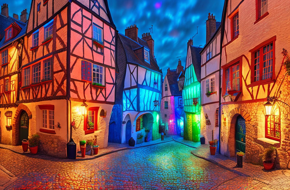 Twilight cobblestone street with colorful half-timbered houses