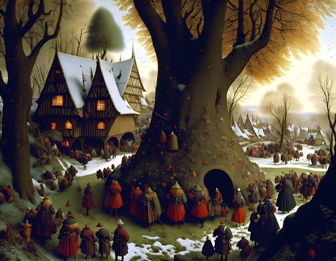 Snow-covered medieval village with colorful villagers and smoking chimneys