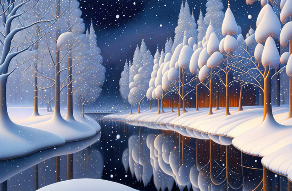 Snow-covered trees and reflective river in serene winter landscape