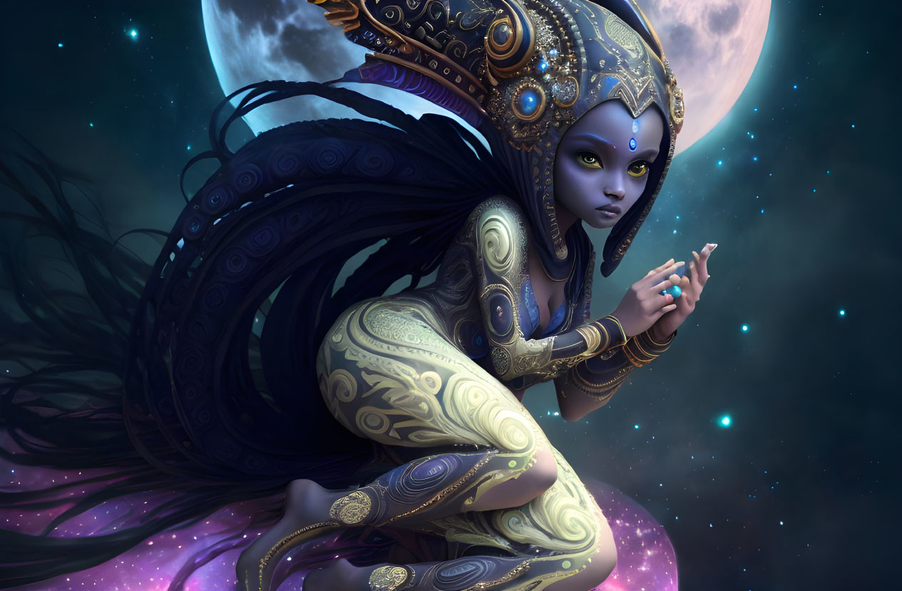 Ethereal female figure with gold and blue body art under lunar sky