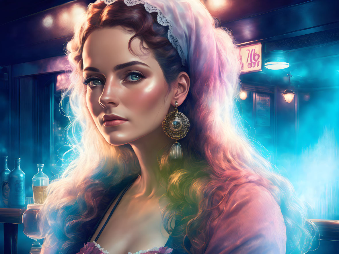 Neon-lit bar setting with woman portrait and vintage ambiance