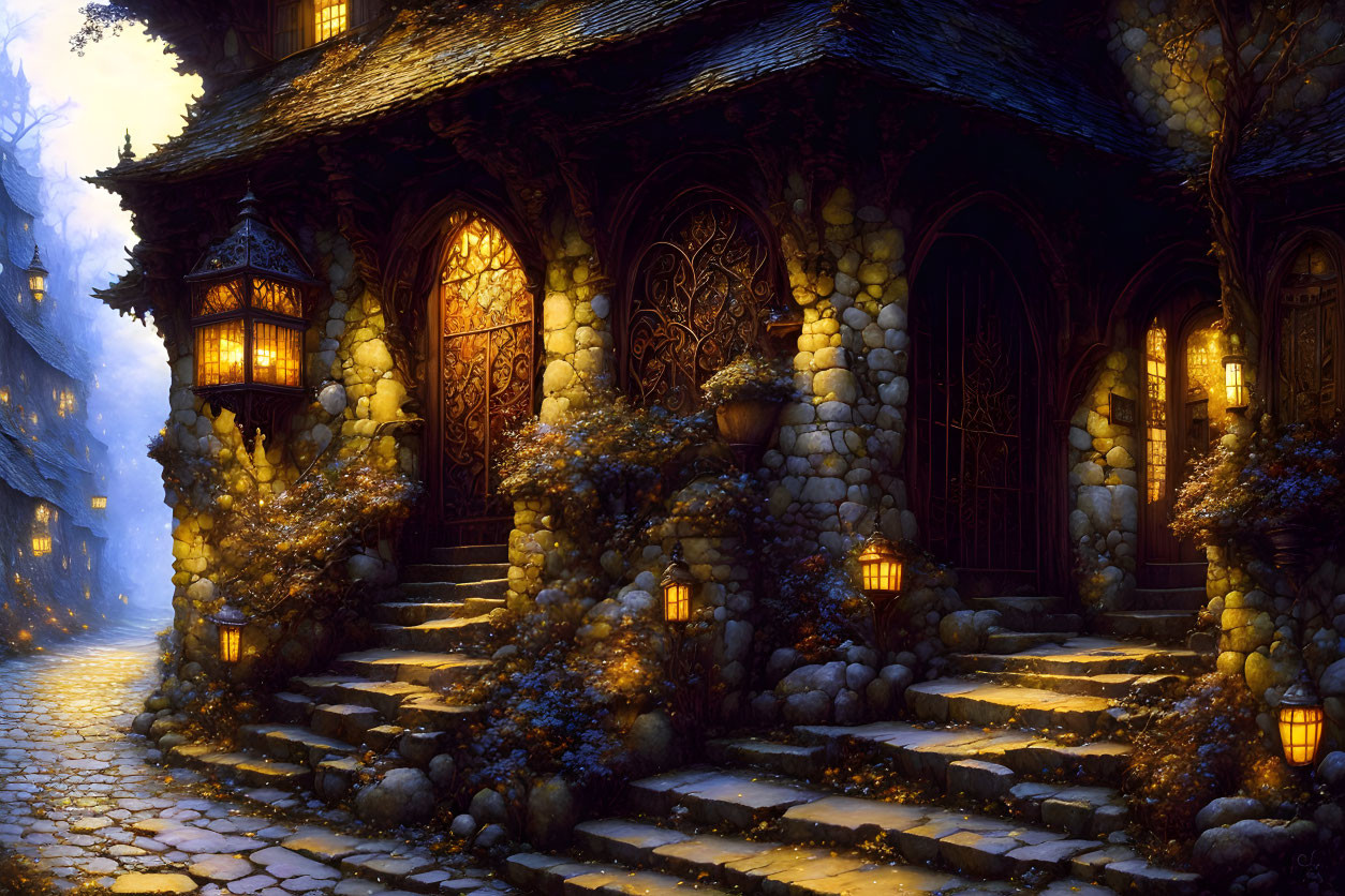 Twilight cottage with glowing lanterns, stone steps, and blue flowers under warm light