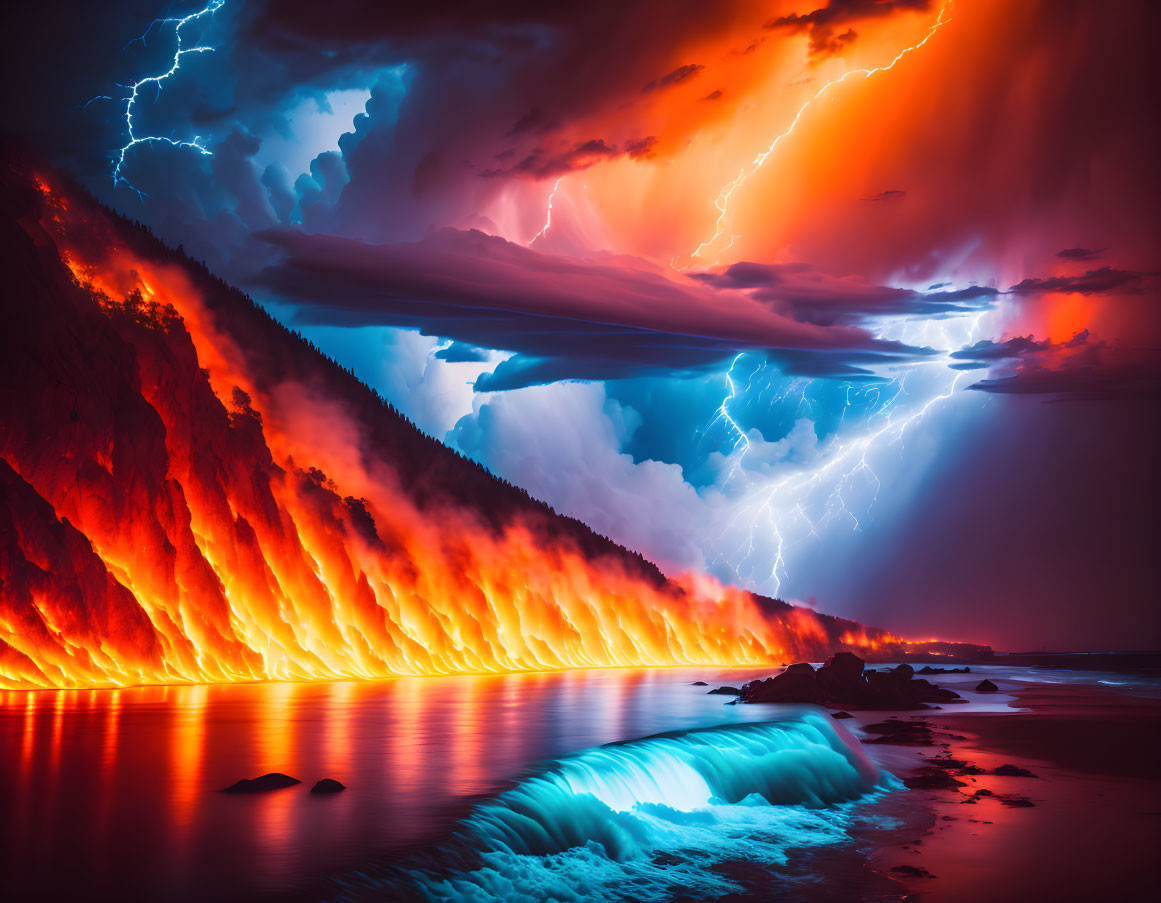 Dramatic lightning strike near fiery mountain landscape reflected in water