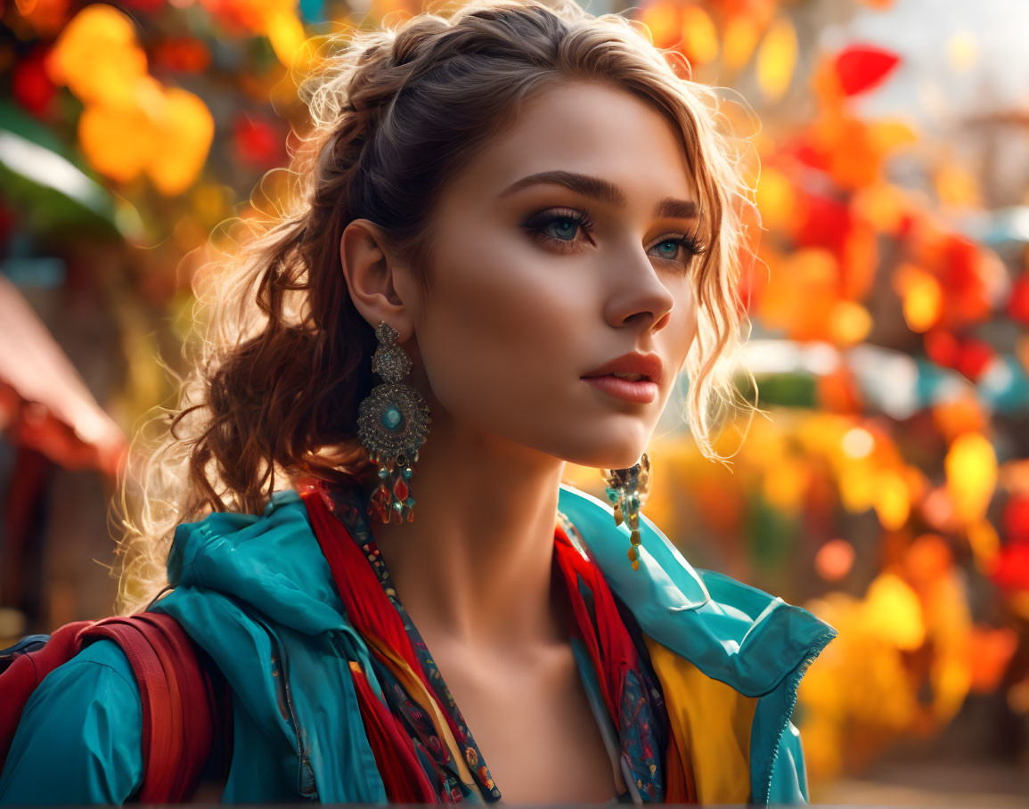 Woman with braided hair and colorful jacket, surrounded by autumn leaves.