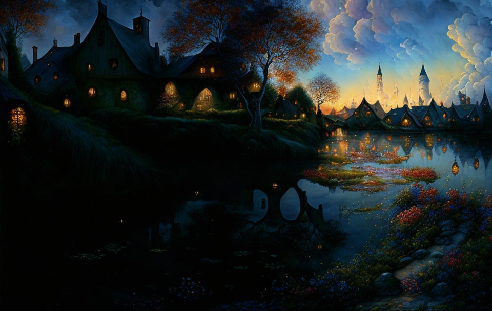 Enchanting fantasy village scene with thatched cottages, serene river, and vibrant flowers at dusk