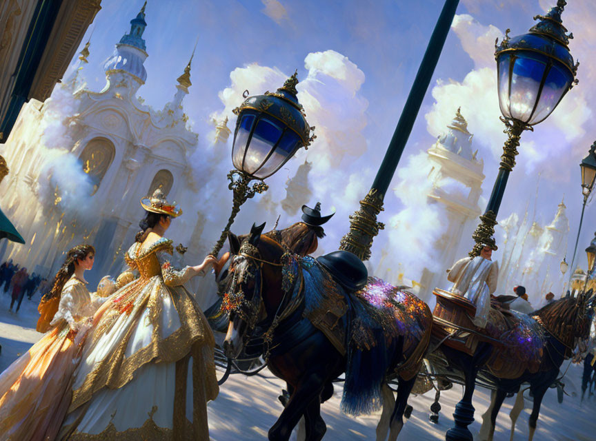 Elegant horseback procession through ornate cityscape