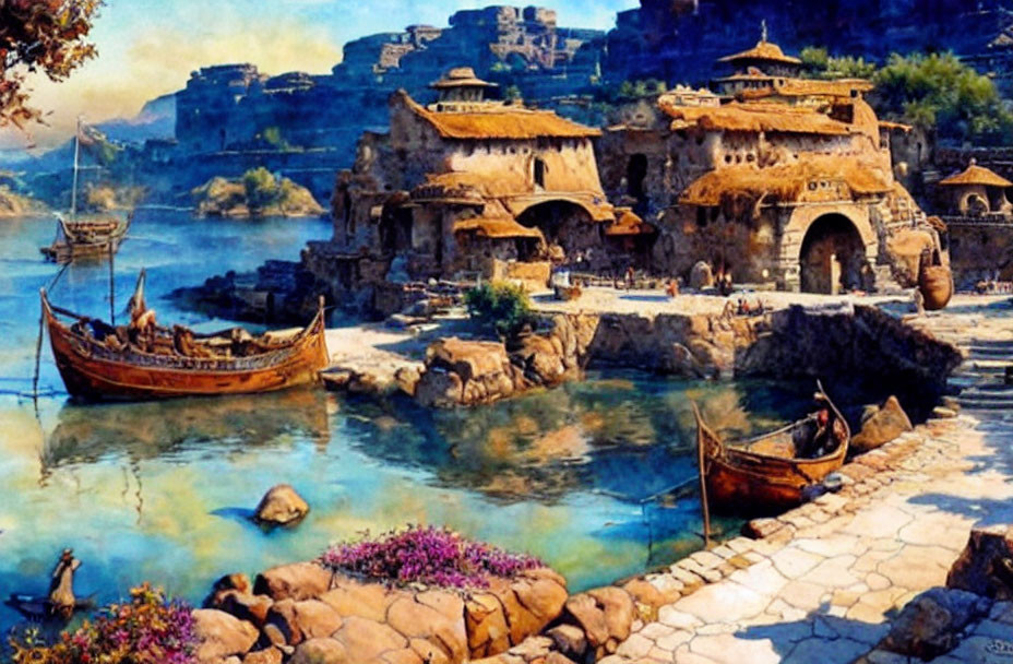 Traditional stone houses, boats, and blooming flowers by a serene coastal scene