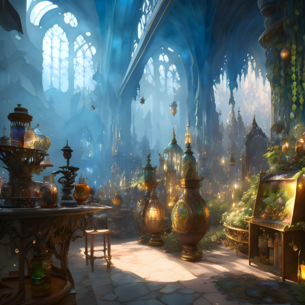 Enchanted sunlit chamber with ornate objects and lush greenery