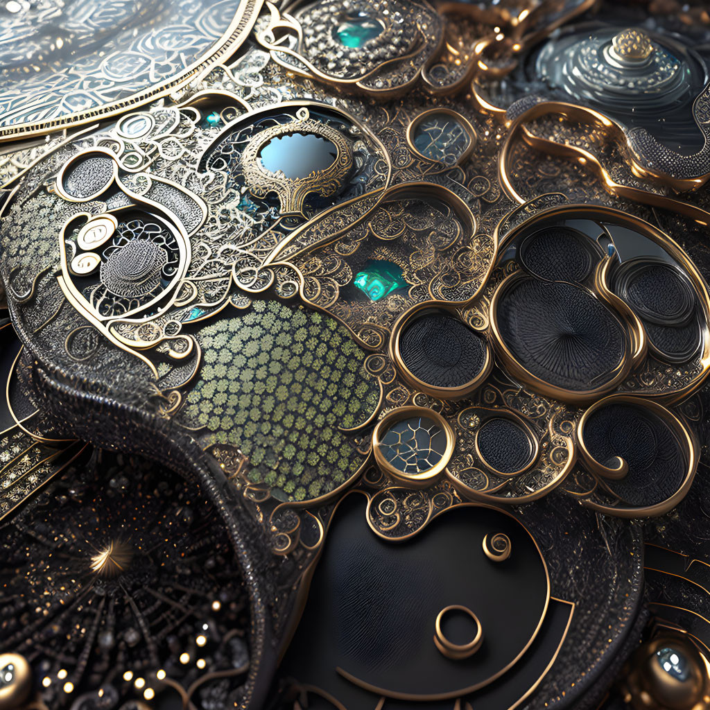 Detailed digital artwork: ornate metallic patterns, jewel-like embellishments, clockwork elements