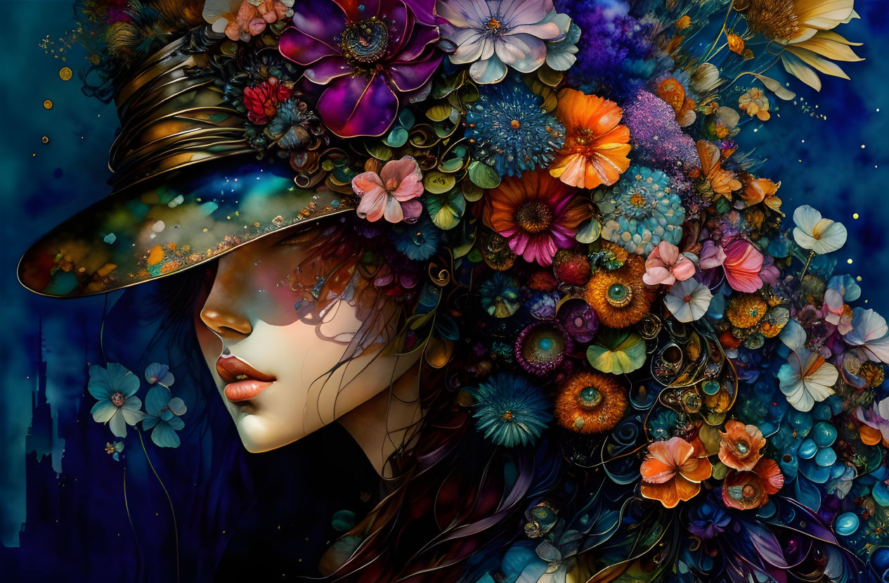 Digital artwork: Woman's profile with vibrant floral hat, merging into cascade of flowers on starry backdrop