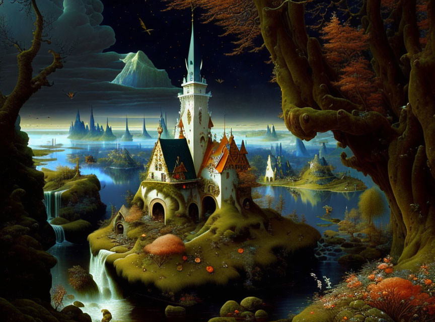 Fantastical landscape with castle on island, waterfalls, autumn trees, mountains, starry sky