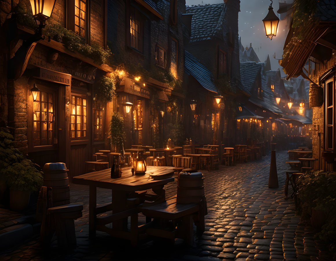 Cobblestone Street at Night with Lantern-lit Wooden Tables