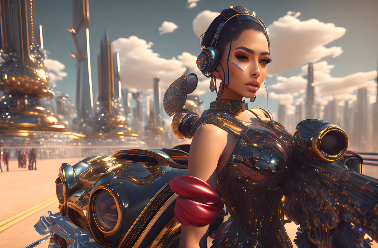 Futuristic woman in advanced armor against sci-fi city backdrop