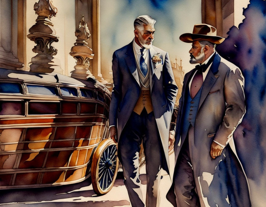 Vintage Attired Gentlemen Conversing by Carriage and Classical Architecture