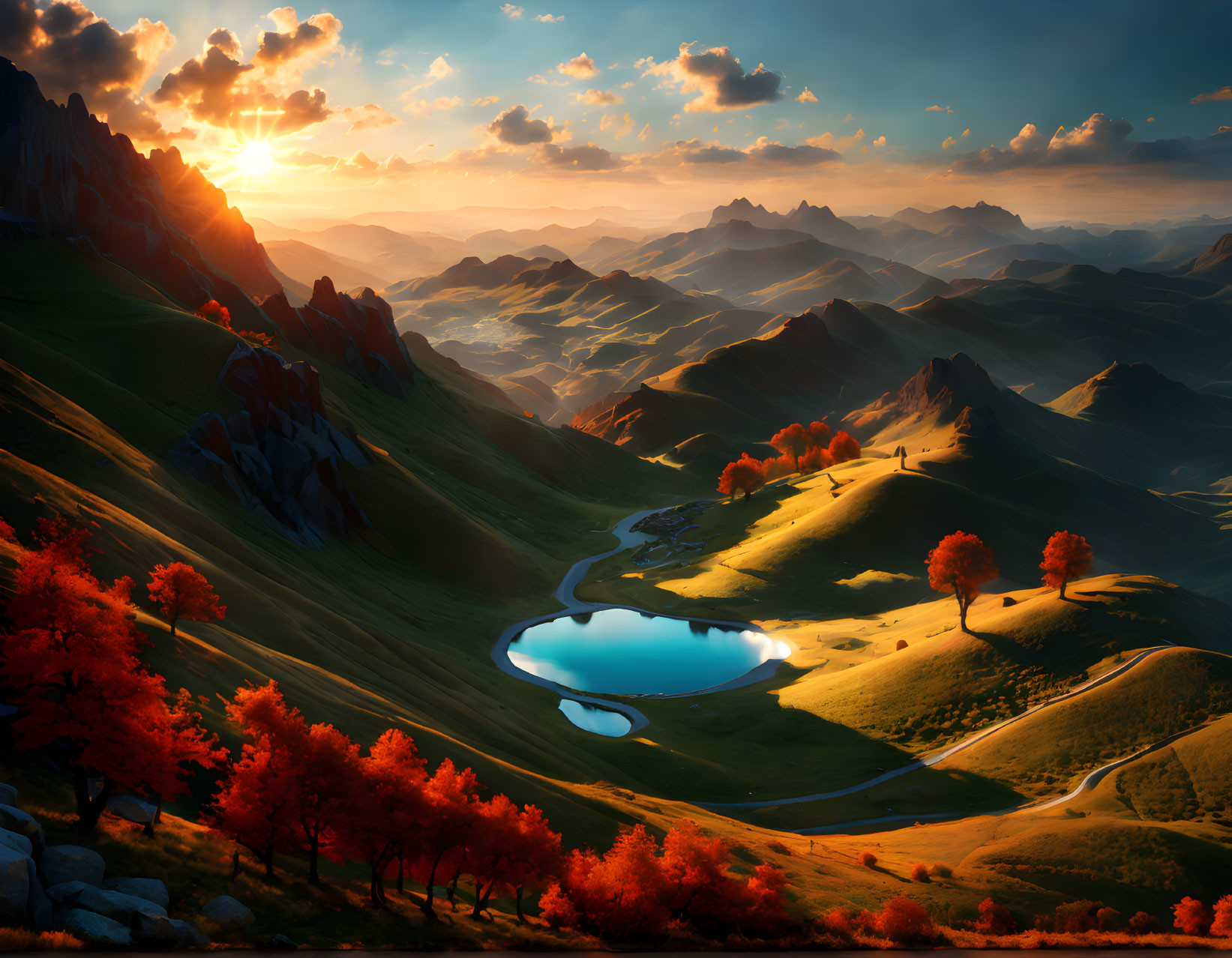 Scenic sunset landscape with rolling hills, lake, roads, and autumn trees