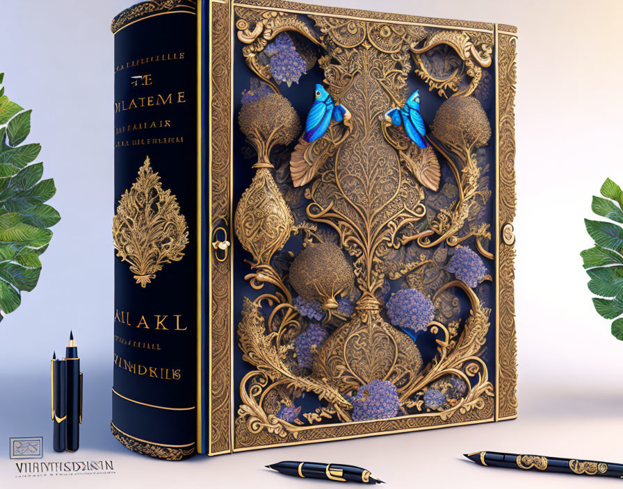 Gold and blue ornate book cover with butterflies, pen, and leaves on white surface