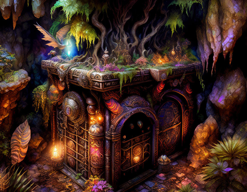 Fantasy illustration of ornate ancient doorway with glowing lanterns and mystical energy