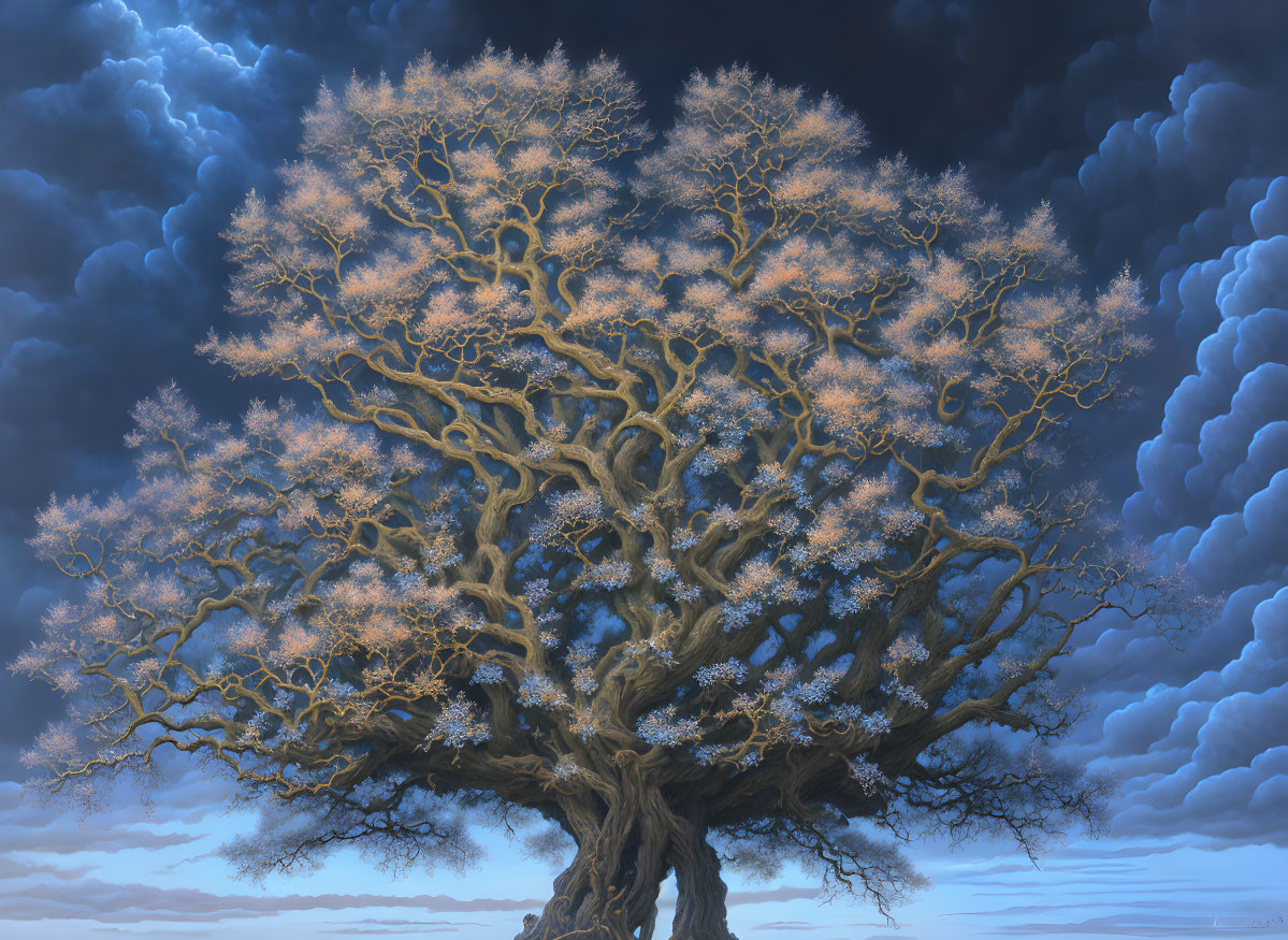 Majestic tree with thick trunk and twisting branches under dramatic sky