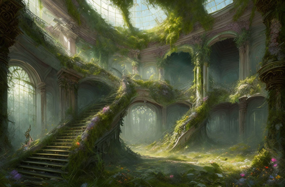 Abandoned grand hall with overgrown greenery and glass roof.