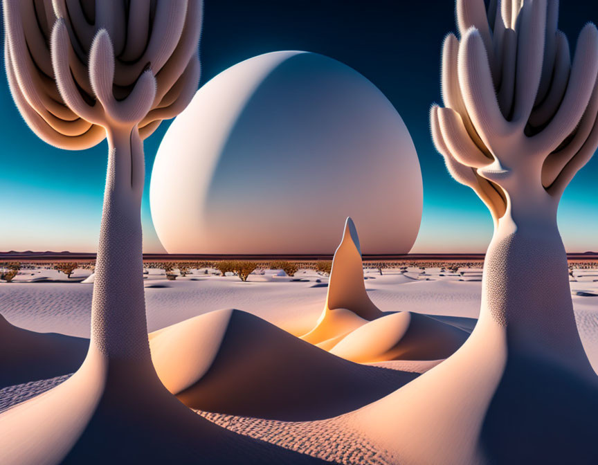 Surreal desert landscape with oversized cacti and setting celestial body casting soft orange light.