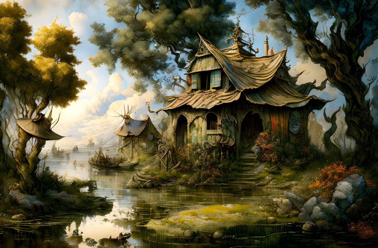 Ornate treehouse in fantasy landscape with misty waterway